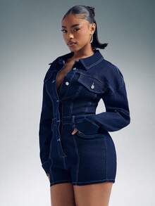 Denimoi Button Front Collared Long Sleeve Denim Romper Sexy Rompers Stretch Denim Romper - Dark Wash - View 4
