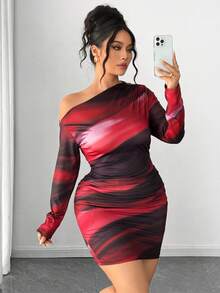 Elenzga Plus Size Women's Red Tie Dye Abstract Print One Shoulder Long Sleeve Bodycon Mini Dress,Dark Purple,Autumn,Classy,Night Out Club Ruched Elegant - Red - View 7