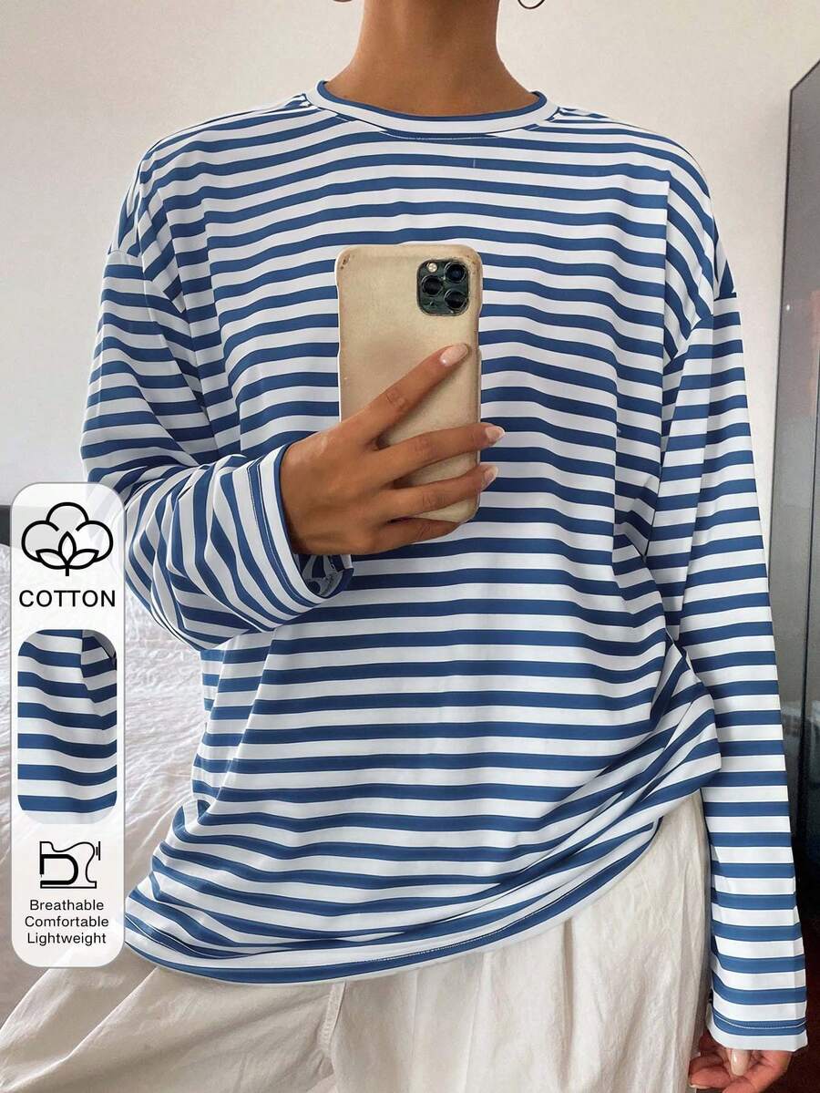 Livesso Tricou lung pentru femei, croială lejeră, culoare solidă, guler rotund, mânecă lungă - Albastru si alb - Vizualizare 1