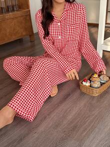 Bubble Textured Plaid Collar Cardigan & Pants Pajama Set - Multicolor - View 5
