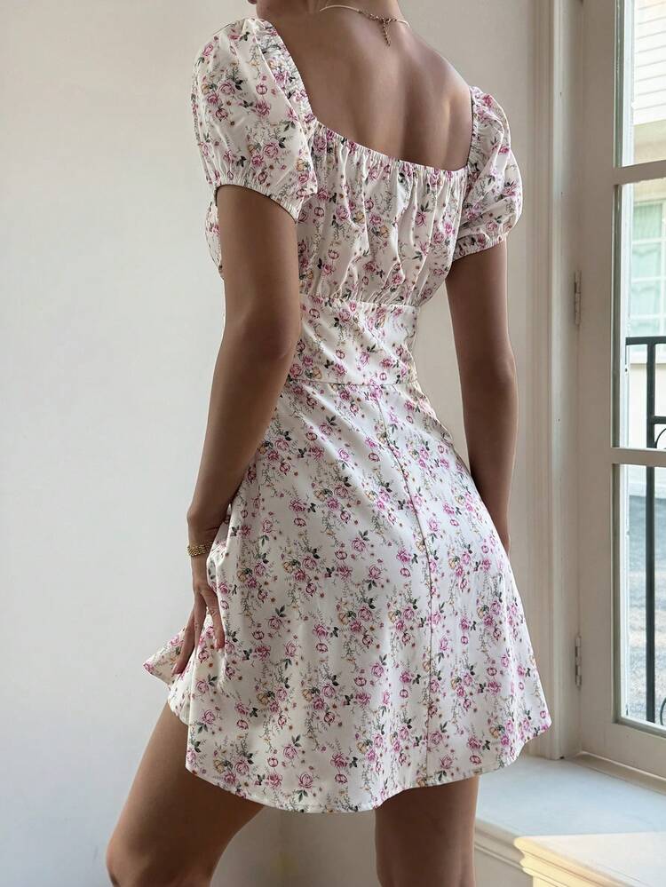 Women's Off-Shoulder Knotted Floral Print Elegant Waist Cinched Mini Dress, Suitable For Dates And Parties Summer Boho
