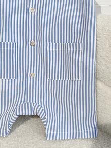 2-Piece Set With Free Hat: Baby Boy Baby Girl Summer Apricot Striped Crew Neck Sleeveless Jumpsuit And Vacation Casual Bucket Hat, Perfect For Travel - Blue - View 4