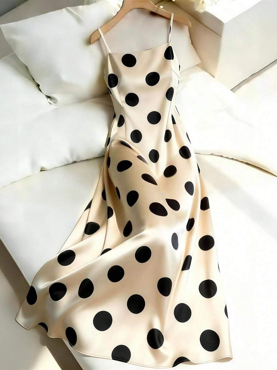 Franclia Women's Minimalist Printed Polka Dot Slip Dress Polkadot Dress Polka Dot Dress Silk Dress Midi Dress Cream Polka Dot Dress Black Polka Dot Dress Sleeveless Polka Dot Dress - Apricot - View 1