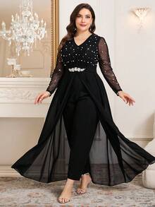 Ellevyn Bộ jumpsuit dài tay cổ chữ V dáng thanh lịch dành cho người có thân hình đầy đặn, phối lưới. - màu đen - Xem 5