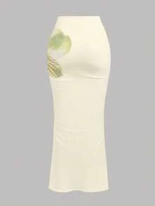 少女优雅时尚浅绿色休闲度假沙滩印花不对称褶皱修身两件套，适合春夏日常、度假、海滩、派对等场合。 - 彩色 - 查看 5