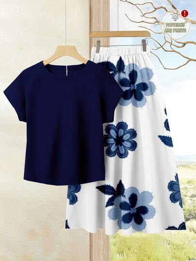 Rusticease 2pcs/Set Women Elegant Floral Print Casual Solid Color Top + Printed Skirt Set, Ladies Summer Outfit, Summer Skirt Set, Skirt And Top Set, Women Skirt Top Set, Printed Skirt Set, Beach Wear, Carnival