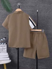 SHEIN Tween Boy Striped Print Shirt & Shorts Without Tee - Camel - View 4