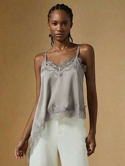 Briarwyn Top de tirantes de mujer de moda de verano con unicolor, encaje de contraste y bajo asimétrico