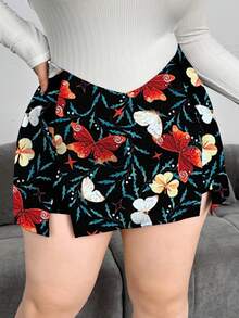 Flirla Plus Size V-Waist Front Slit Butterfly Print Culottes For Women - Multicolor - View 1