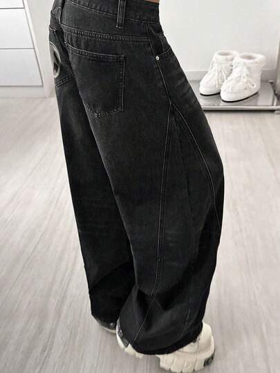 SHEIN PETITE 女士五芒星口袋阔腿宽松牛仔裤