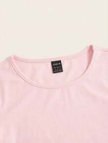 SHEIN BASICS 女士纯色圆领长袖休闲短款T恤 - 淺粉色 - 查看 4
