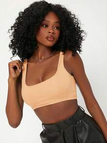 SHEIN BASICS 女士纯色U领宽肩带露脐休闲百搭背心，夏季 - 黃色 - 查看 8