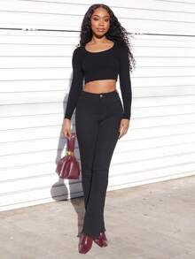 Yess Loren Scoop Neck Ribbed Knit Crop Sweater,Long Sleeve Tops In Fall/Winter - Black - View 4