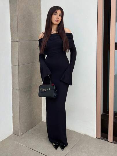 Hitanina 女士纯色露肩长袖休闲长裙、派对女装、新年女装、圣诞女装