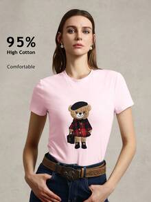 Briarwyn 休闲卡通针织圆领短袖修身女式T恤 夏季商务休闲女式纯棉印花T恤 粉色 - 淺粉色 - 查看 1