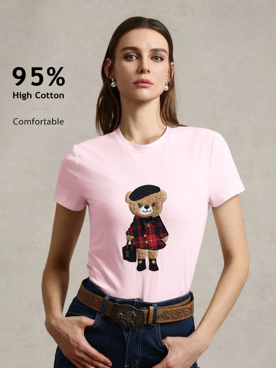 Briarwyn 休闲卡通针织圆领短袖修身女式T恤 夏季商务休闲女式纯棉印花T恤 粉色 - 淺粉色 - 查看 1