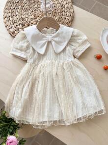 SHEIN LMoss Kids 女婴法式优雅荷叶边领花瓣袖网纱连衣裙 - 白色 - 查看 4