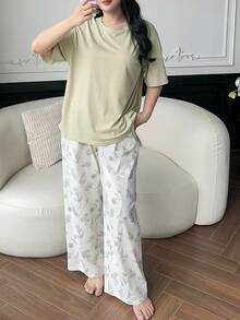 Dazy Plus 2pcs Spring/Summer Homewear Set, Loose Solid Color T-Shirt Top & Floral Line Drawing Print Pajama Pants Sleepwear Suit - Green - View 10