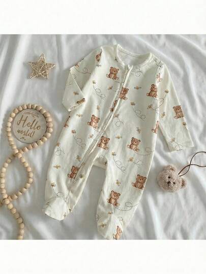 Loomiva Newborn Baby Girl Cartoon Bear Pattern Knitted Soft Round Neck Long Sleeve Romper