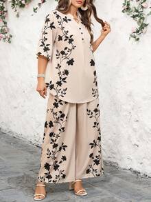 EMERY ROSE 大码印花衬衫和裤子两件套，休闲度假装 - 杏色 - 查看 1