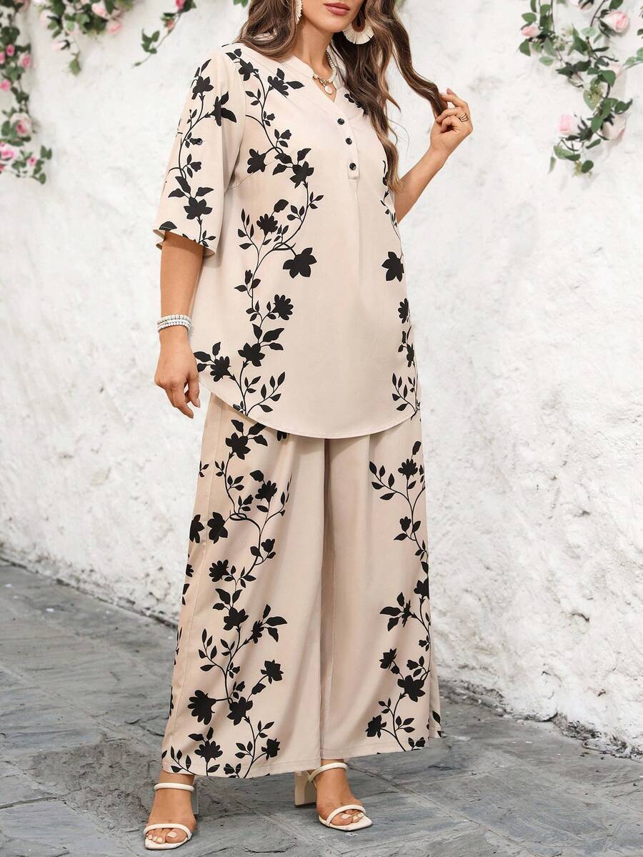 EMERY ROSE 大码印花衬衫和裤子两件套，休闲度假装 - 杏色 - 查看 1