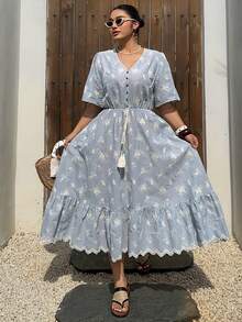 Dazy Plus Plus Size Striped Print Embroidered V-Neck Tassel Decor Short Sleeve Dress - Blue - View 6