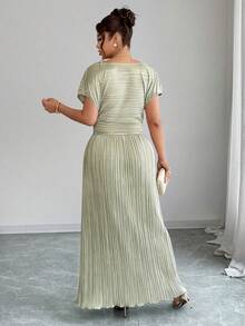 Elenzga 大码女士优雅褶裥肩袖直筒纯色连衣裙，适合春夏婚礼、派对、外出等场合 - 薄荷綠 - 查看 2
