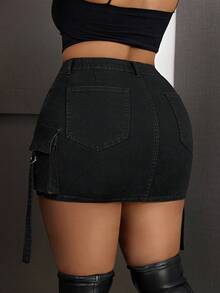 SHEIN SXY Plus Size Solid Color Denim Mini Skirt, Fashionable For Summer - Black - View 2