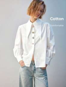 Maija Peak Collar Button Front Blouse Workwear,Long Sleeve Tops, - White - View 6