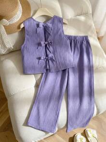 SHEIN Tween Girls 2pcs/Set Casual Solid Purple Textured Fabric Bow Back Camisole Top And Wide Leg Pants Set Girls Lavender Lilac Pants Sets Girl Girls Purple Set, Suitable For Vacation And Casual Daily Wear, Holiday Outfits - Purple - View 3