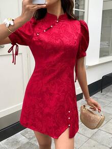 EastFlair Women's Chinese Style Wine Red Jacquard Short Sleeve Cheongsam Dress - Burgundy - View 1