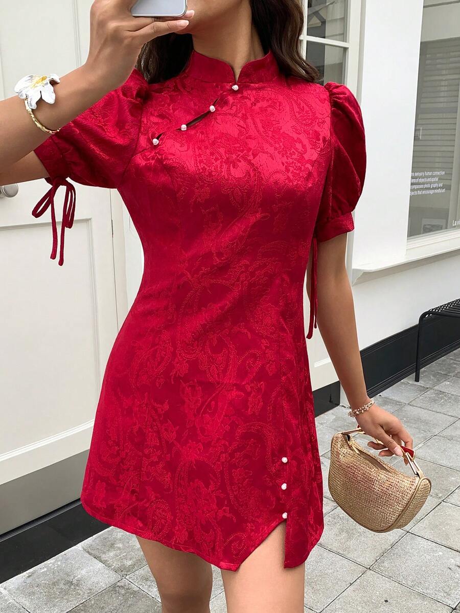 EastFlair Women's Chinese Style Wine Red Jacquard Short Sleeve Cheongsam Dress - Burgundy - View 1