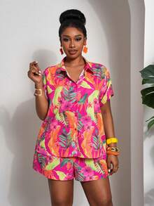 Slaydiva 新款休闲度假宽松纹理女式加大码衬衫，纽扣前襟搭配打结短裤套装，夏季 - 玫紅色 - 查看 5