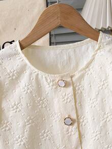 女童休闲优雅白色亮面提花珍珠纽扣开衫搭配百褶裙套装 - 杏色 - 查看 6