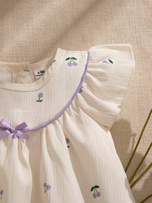 Souflis Souflis Baby Girls' Summer New Striped Cherry Print Flutter Sleeve Ruffle Collar Red Trim Bow Decor Back Placket Simple Fashion Princess Dress - Multicolor - View 7