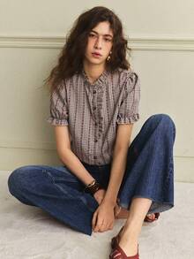 Écloséra Blusa elegante y versátil de manga corta con cuello de volantes, contraste de color, bordado y estampado de cuadros vintage para uso diario y casual, primavera/verano - Caqui - Ver 3