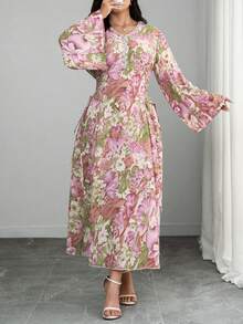 Modelyn Gaun Maxi Bergaya Abaya Motif Bunga Merah Muda yang Sopan, Motif Bunga Besar di Seluruh Permukaan, Gaya Romantis Boho Chic Musim Panas yang Elegan untuk Acara Siang Hari bagi Wanita - Berwarna merah muda - View 4