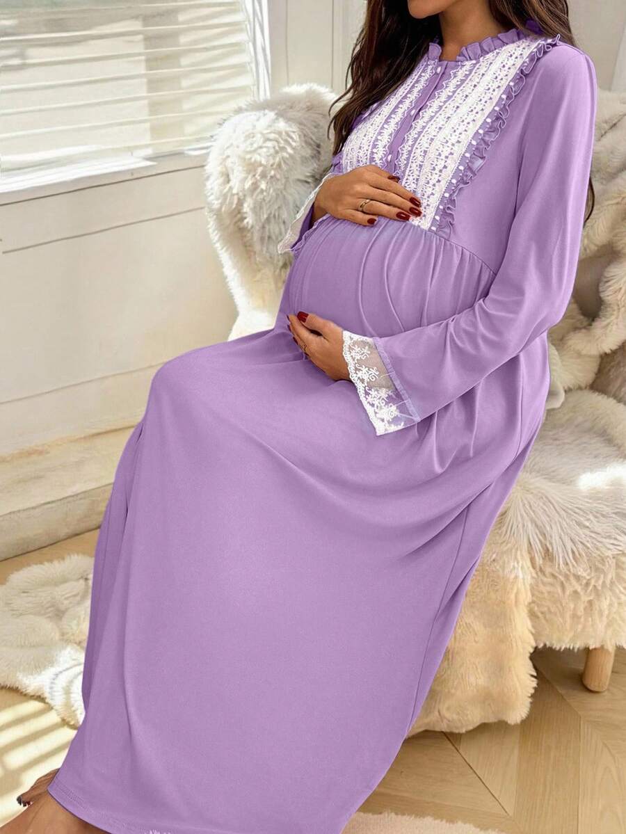 SHEIN Maternity Stand Collar Lace Ruffle Casual Everyday Party Dress - Mauve Purple - View 1