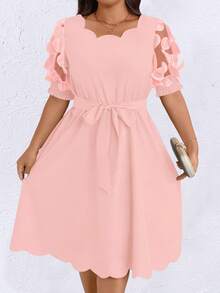 SHEIN Clasi Plus Size Women Solid Color Waist Tie Ruched Party Dress - Pink - View 3