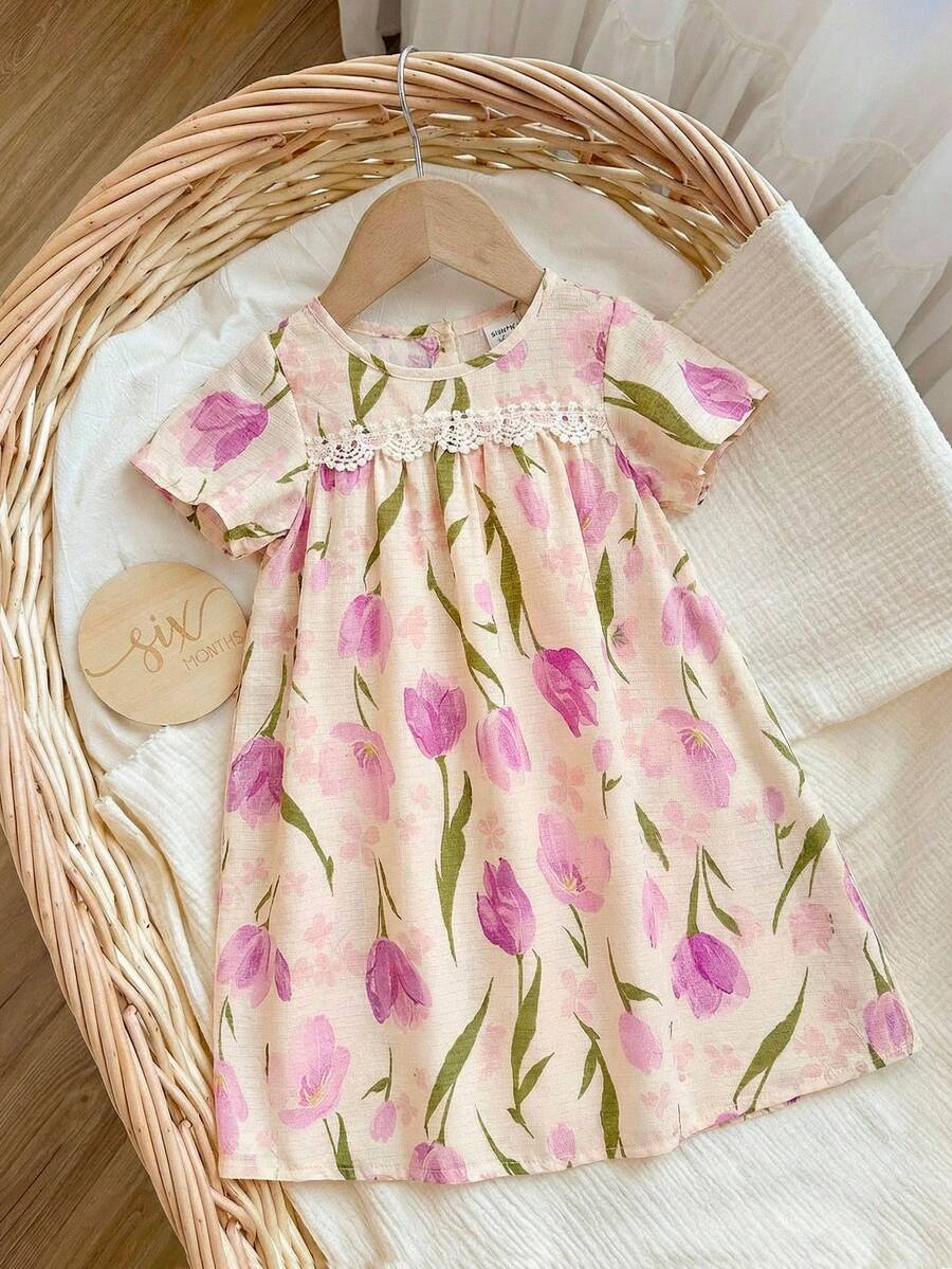 SHEIN Baby Girl Ditsy Floral Ruffle Trim Casual Nightgown Loungewear - Multicolor - View 1