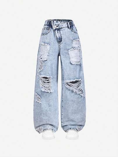 Jeans de mezclilla azul claro desgastados, asimétricos y con cintura personalizada, de estilo casual y versátil del Y2K para niñas preadolescentes, adecuados para uso diario durante todo el año