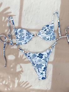 Swim Vcay 2026 Spring/Summer Adjustable Spaghetti Strap White Base Blue Underwater World Side High-Cut Pearl Buckle Splice Women Vacation Bikini Set Bikini Set Vacation Cute Bikini Seashell Bikini - Blue - View 3