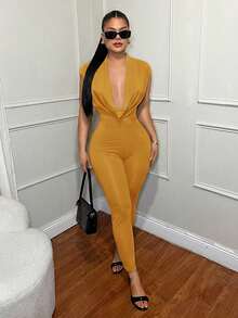 SHEIN SXY Bộ jumpsuit hở lưng màu trơn cổ khoét sâu gợi cảm - Màu vàng - Xem 4