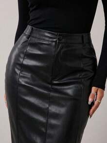 Radiana 女士时尚简约黑色PU高腰修身直筒半身裙，复古别致优雅仿皮裙，休闲商务风，适合日常出行、商务、办公、通勤等场合，弹力PU材质，贴身剪裁，易于搭配，百搭下装 - 黑色 - 查看 6