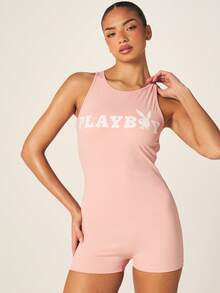 Missguided x Playboy Logo Cut Out Back Athletic Jumpsuit With Racerback Design Short Romper For Summer Activewear Casual Outfits - Pink - View 5