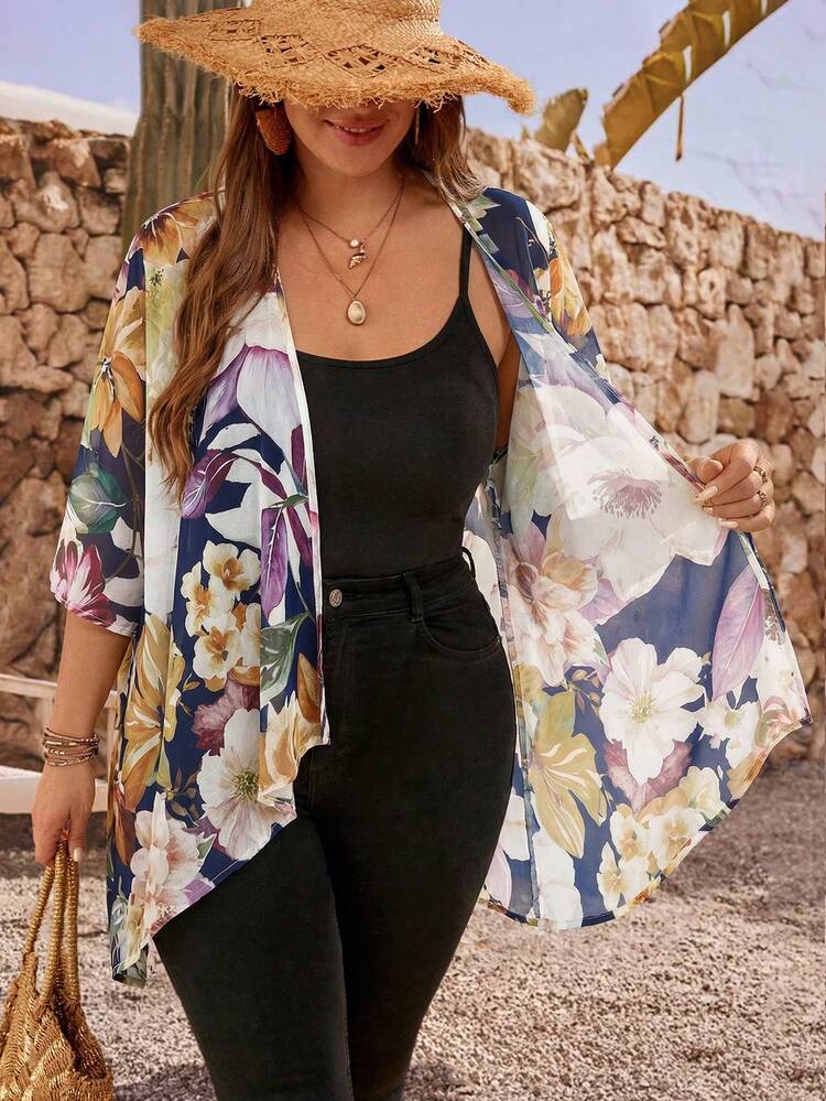 Plus Size Summer Floral Print Asymmetric Hem Front Open Cardigan Summer Tops Summer Outfits Summer Clothes  Spring  Spring Outfit Women Spring Clothes Country Style For Women