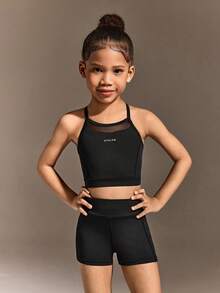 女童无袖短裤运动套装，时尚休闲运动服，适合户外长途运动 - 藍色 - 查看 2