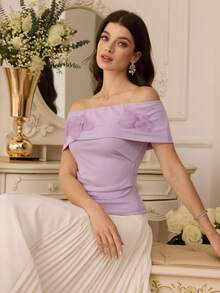 Modelyn 女士3D立体花卉装饰露肩修身褶皱设计上衣，适合通勤和约会 - 淡紫色 - 查看 3