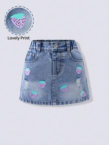 Young Girl Summer Casual Washed Strawberry Print Denim Mini Skirt - Light Wash - View 3