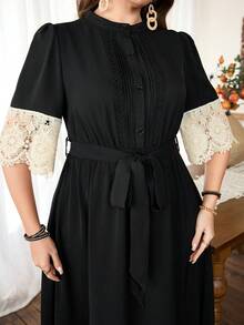 SHEIN Lacomfia Plus Size Women Contrast Lace Petal Sleeve Single-Breasted Elegant Dress - Black - View 6
